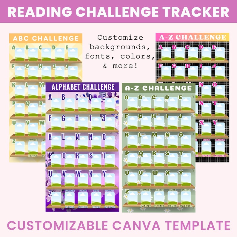 Alphabet Reading Challenge Tracker, A to Z Challenge, Canva Template ...