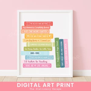 Lámina digital de pila de libros, láminas con motivos literarios, regalos para amantes de los libros y lectores, arte mural imprimible, juegos de palabras literarios, frases literarias, citas literarias