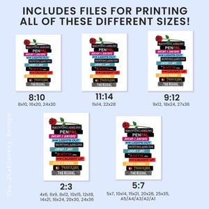 May include: Printable digital files for a book stack design featuring the text "Haunting Adeline Penpal" with a red rose on top. The design includes various sizes from 4x6 inches to 24x36 inches.