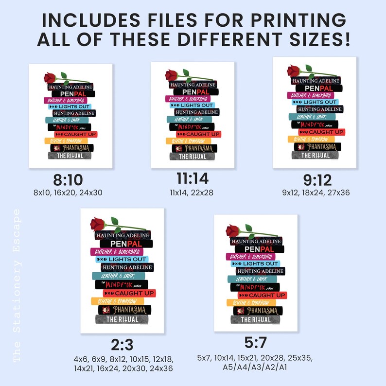 May include: Printable digital files for a book stack design featuring the text "Haunting Adeline Penpal" with a red rose on top. The design includes various sizes from 4x6 inches to 24x36 inches.
