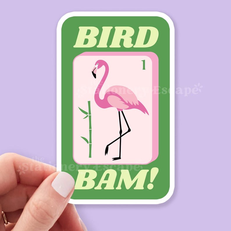Fågel Bam Mahjong-klistermärken, Flamingo Rosa & Grön, Vattentät vinyldekal, 2 designalternativ, Mah Jong-älskarepresent, Mahjong-klistermärke bild 3