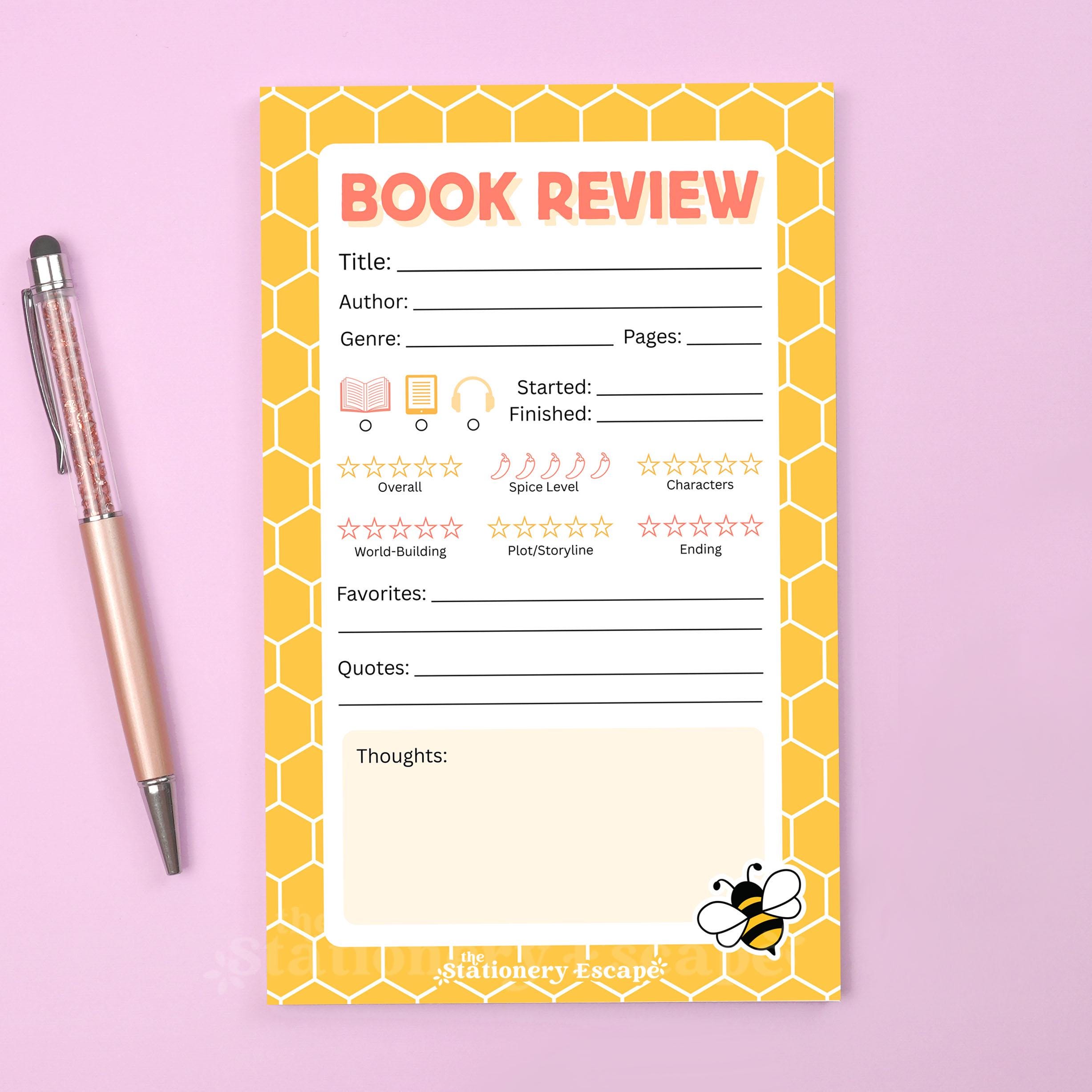 Book Review Notepad for Readers and Book Lovers, Bee Honeycomb, Bookish ...