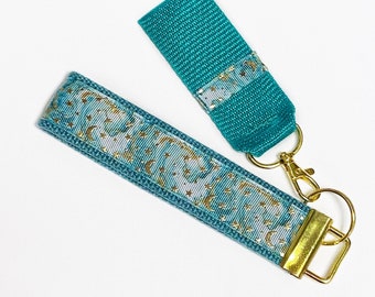 Moon and stars keychain wristlet, teal gold moon key fob wristlet