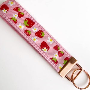 Strawberry wristlet / pink lip balm holder / wrist key holder keychain