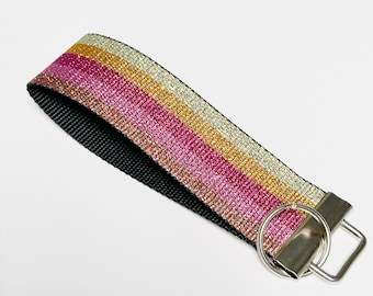 Wide wristlet key chain / Glitter pink and gold keychain key holder