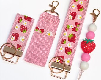 Strawberry wristlet / pink lip balm holder / wrist key holder keychain