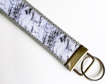 White Gray Marble keychain wristlet, key fob wristlet