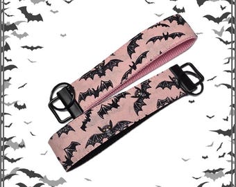 Pink Bat Wristlet Keychain: Black Hardware, Cotton Fabric
