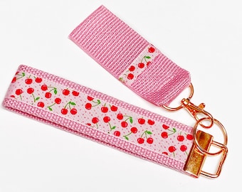 Cherry wristlet / pink lip balm holder / key holder keychain