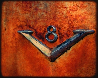 Automotive Art - Garage Art - Rusty Old Car - Desmond's V-8 - Old Rusty Car Emblem - Chrysler Desoto - Fine Art Photography by Kelly Warren