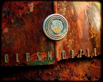 Garage Art - Automotive Art - Antique Oldsmobile - Miss Jasmine's Emblem - Rusty Car - Fine Art Photography