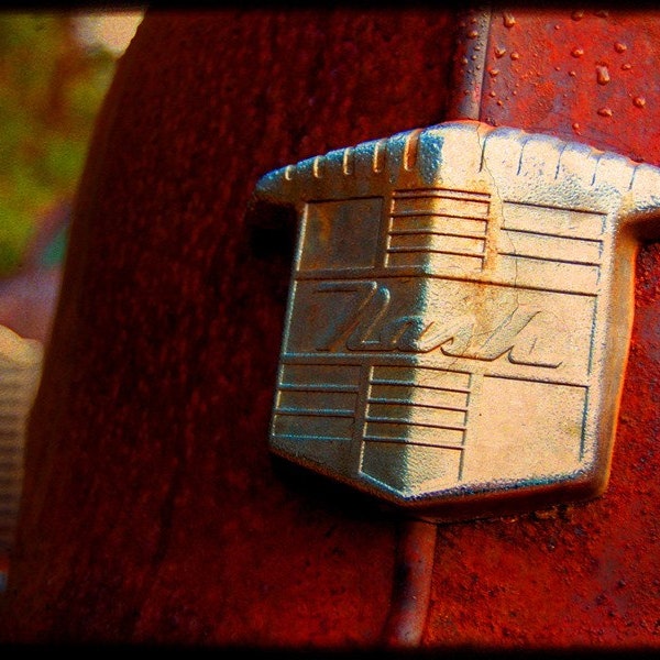 Rusty Cars - Garage Art - Automotive Art - Mr. Newman's Emblem - Rusty Old Car - Nash - Fine Art Photograph by Kelly Warren