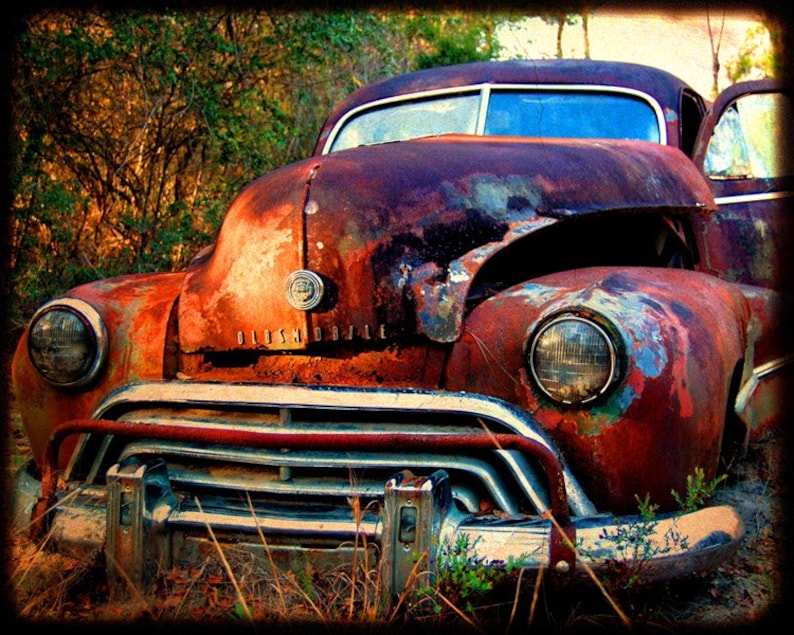 Automotive Art Garage Art Miss Jasmine Take One Rusty Old Car Oldsmobile Fine Art Photograph by Kelly Warren immagine 1