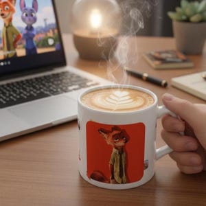 May include: A white ceramic mug featuring a graphic of a cartoon fox wearing a green shirt and a dark tie against a solid orange background. The mug is filled with a hot beverage topped with white foam art in a leaf pattern, emitting visible steam.