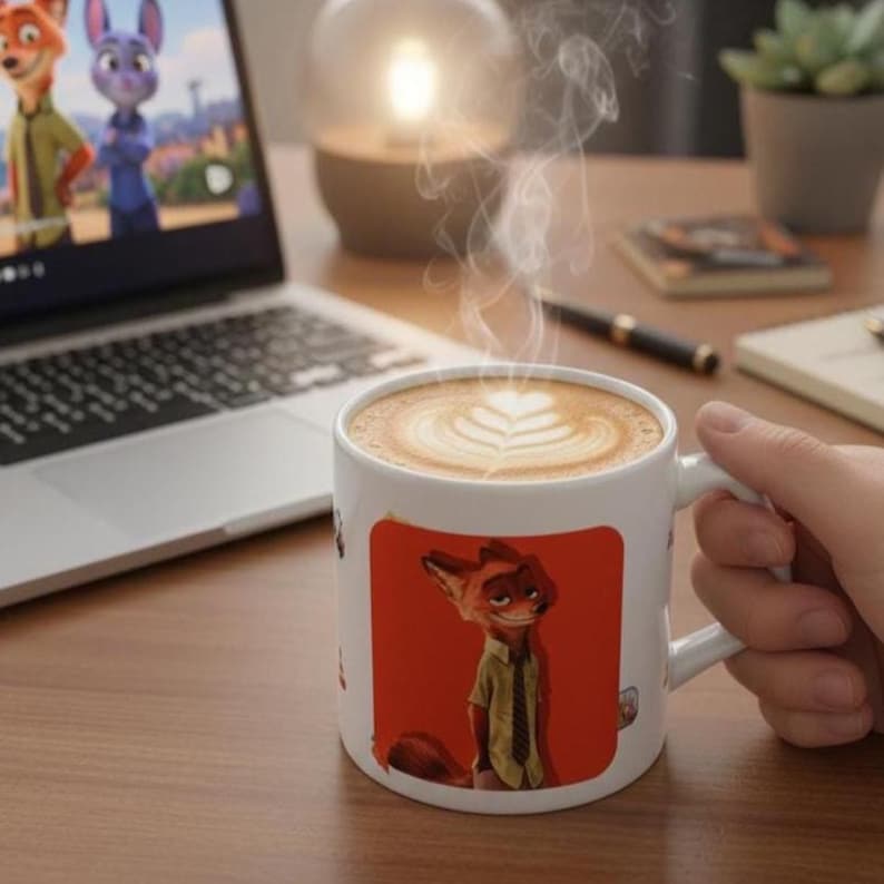 May include: A white ceramic mug featuring a graphic of a cartoon fox wearing a green shirt and a dark tie against a solid orange background. The mug is filled with a hot beverage topped with white foam art in a leaf pattern, emitting visible steam.