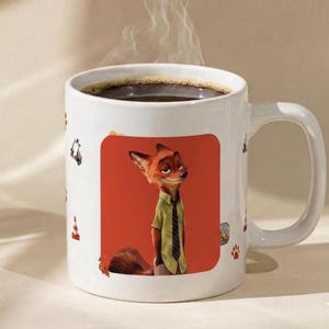 May include: A white ceramic mug featuring a central rectangular graphic of a cartoon fox with orange fur, wearing a light green button-down shirt and a dark striped tie. The mug has a handle on the right side and small scattered icons.