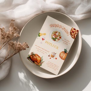 May include: A cream-colored Thanksgiving potluck invitation card featuring watercolor illustrations of a roasted turkey, pasta, pumpkin, pie, and drinks. The text reads Thanksgiving Potluck, Wilson's Residence, 123 Anywhere St, Any City, ST 12345, Thursday November 17 at 6PM.