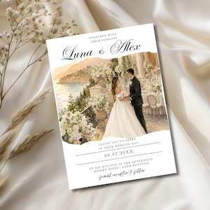 May include: Wedding invitation featuring a watercolor illustration of a couple holding hands. The invitation includes the names "Luna & Alex" and the date "09.07.20XX". The text also states "Invite you to share in their wedding day" and "formal reception to follow".