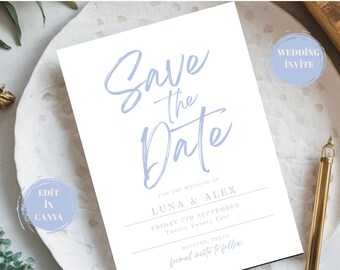 Plantilla minimalista azul empolvado para guardar la fecha - Plantilla de invitación de boda personalizada en Canva - Plantilla para fotomatón
