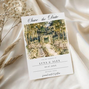 May include: A white Save the Date card with an illustration of a wedding ceremony. The card includes the text "Save the Date", the names "LUNA & ALEX", the date "09.07.20XX", and the location "HOUSTON, TEXAS". The card also includes the text "formal invite to follow".