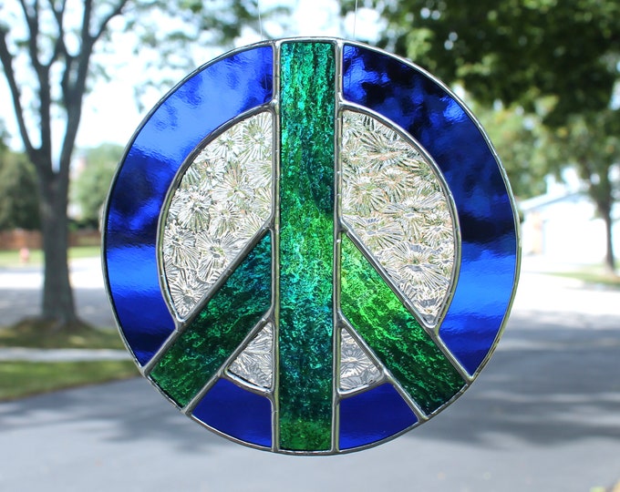 Stained Glass Peace Sign Suncatcher in Blue and Green | Etsy