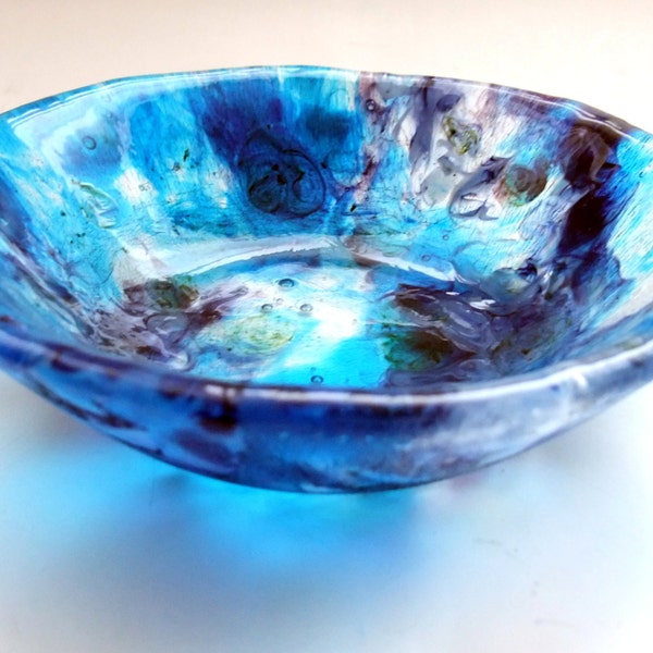 Dark Aqua Blue, Midnight Blue and Purple Fused Glass Bowl