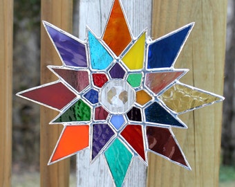 Stained Glass Suncatcher - Multicolored Geometric with Glass Crystal Prism
