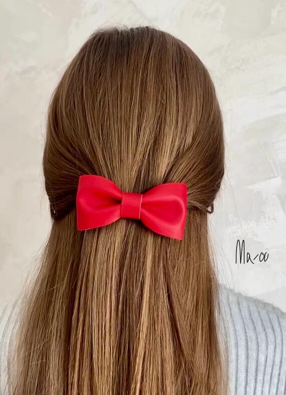 Red Leather Bow Barrette. Christmas Hair Bow Clip. Custom  display picture 2