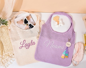 Custom Embroidered Knitted Beach Bag with Name, Bridesmaid Gifts, Crochet Tote Bag Charm Women Travel Vacation,Summer Bag,Bachelorette