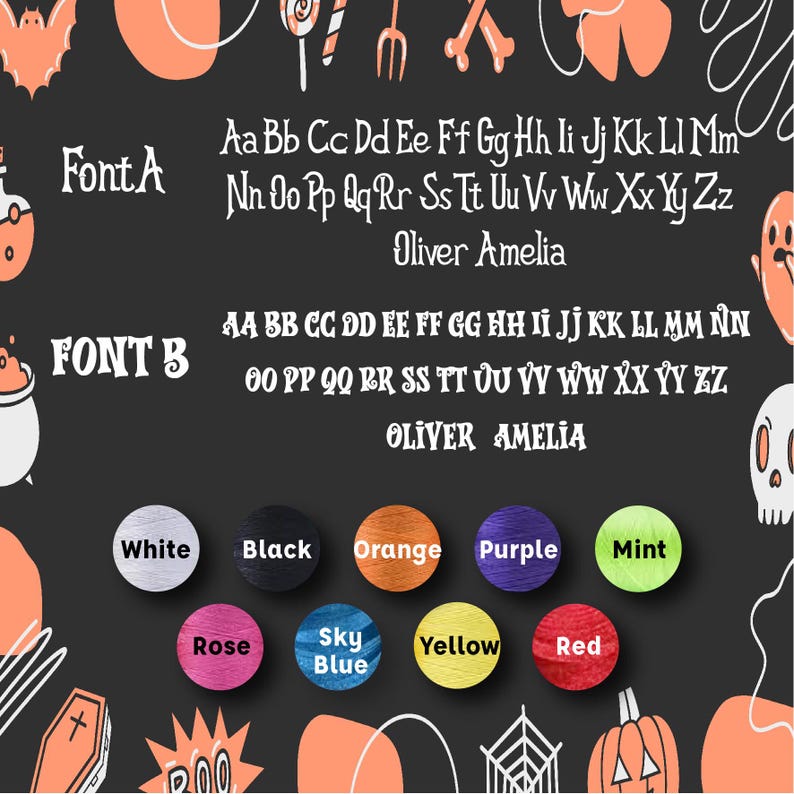 May include: A dark gray graphic featuring two font styles, Font A and Font B, with the alphabet in each. Below are color swatches labeled White, Black, Orange, Purple, Mint, Rose, Sky Blue, Yellow, and Red. Halloween-themed illustrations surround the text.
