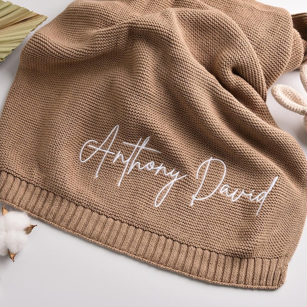 Embroidered Baby Blanket, Soft Cotton Knit Baby Blanket, Custom Baby Name Blanket, Baby Shower Gift, Newborn Blanket, Keepsake Gift for Baby