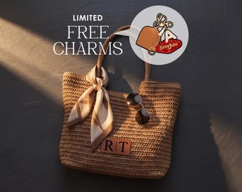 Personalized Beach Bag, Custom Crochet Tote Bag, Teacher Gift Bag, Straw Bag with Charm, Handmade Bridesmaid Gift, Wedding Favor, Diaper Bag