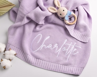 Bestickte Babydecke, weiche Baumwollstrick-Babydecke, benutzerdefinierte Babyname-Decke, Baby-Dusche-Geschenk, Neugeborenen-Decke, Andenken-Geschenk für Baby
