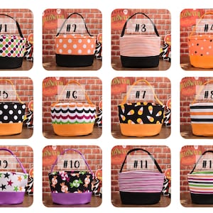 May include: A collection of twelve Halloween-themed tote bags. Each bag features a different pattern, including polka dots, stripes, stars, and candy corn, with a black or purple base and a handle. The bags are displayed against a brick wall.