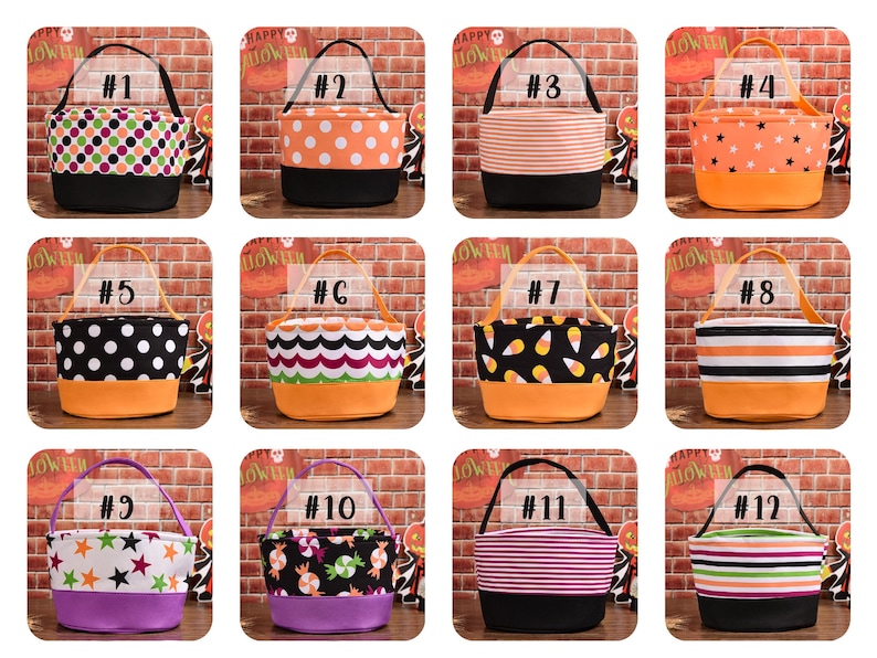 May include: A collection of twelve Halloween-themed tote bags. Each bag features a different pattern, including polka dots, stripes, stars, and candy corn, with a black or purple base and a handle. The bags are displayed against a brick wall.