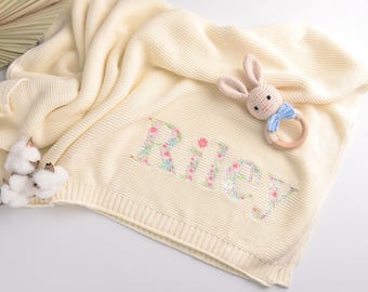 Embroidered Baby Blanket, Soft Cotton Knit Baby Blanket, Custom Baby Name Blanket, Baby Shower Gift, Newborn Blanket, Keepsake Gift for Baby