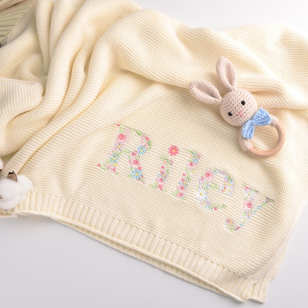 Embroidered Baby Blanket, Soft Cotton Knit Baby Blanket, Custom Baby Name Blanket, Baby Shower Gift, Newborn Blanket, Keepsake Gift for Baby