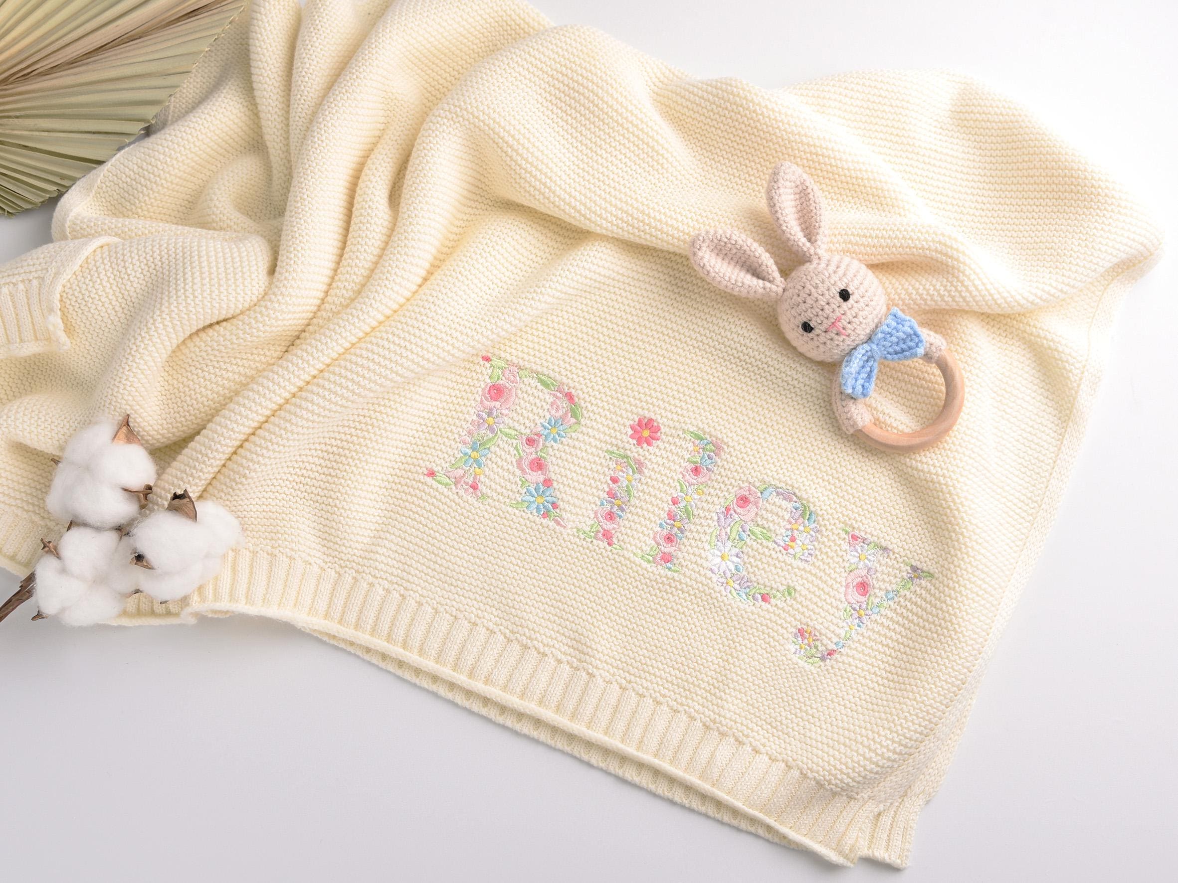 Embroidered Baby Blanket, Soft Cotton Knit Baby Blanket, Custom Baby Name Blanket, Baby Shower Gift, Newborn Blanket, Keepsake Gift for Baby