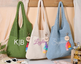 Custom Embroidered Knitted Beach Bag with Name, Bridesmaid Gifts, Crochet Tote Bag Charm Women Travel Vacation,Summer Bag,Bachelorette