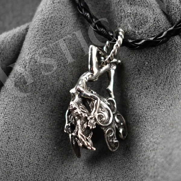 Brave Faerie Pendant, Sterling Silver Fantasy Necklace, Artisans Jewelry with Gemstone Accent