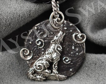 Wolf Necklace, Howling Wolf Medallion, Sterling Silver Animal Jewelry, Spirit Animal Wolf Pendant