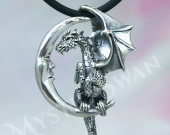 Lunar Dragon Necklace, Sterling Silver Fantasy Jewelry, Dragon and Moon Dimensional Pendant