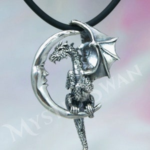 Lunar Dragon Necklace, Sterling Silver Fantasy Jewelry, Dragon and Moon Dimensional Pendant