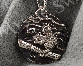 Squirrel Necklace, Squirrel Medallion, Sterling Silver Animal Jewelry, Spirit Animal Squirrel Pendant