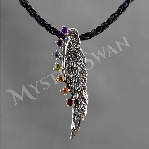 Angel Wing Pendant with Rainbow Chakra Stones in Sterling Silver