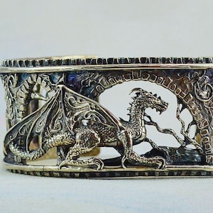 Dragon Bracelet &quot;Brackenthal&#39;s Keep&quot;, Sterling Silver Fantasy Jewelry Cuff Available in Small, Medium and Large