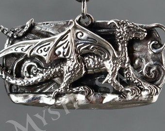 Dragon Necklace, Dragon Statement Necklace with Stone Accents, Sterling Silver Fantasy Jewelry, Dimensional Renaissance Dragon Pendant