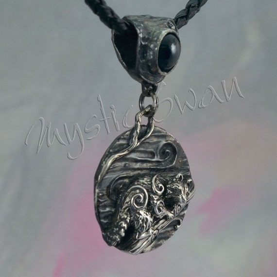 Raccoon Totem Round Porcelain Pendant on Black Cord