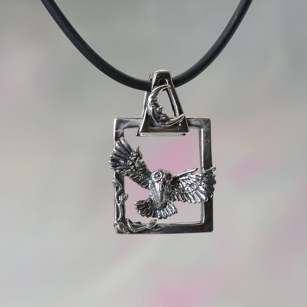 Owl Necklace, Sterling Silver Animal Jewelry, Magical Owl Fantasy Pendant With Moon Bail