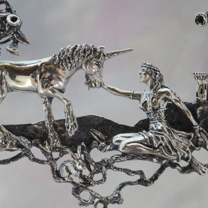 Unicorn and Maiden Fantasy Jewelry Necklace in Sterling Silver